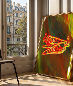 Abstract art featuring neon carrots on a colorful background