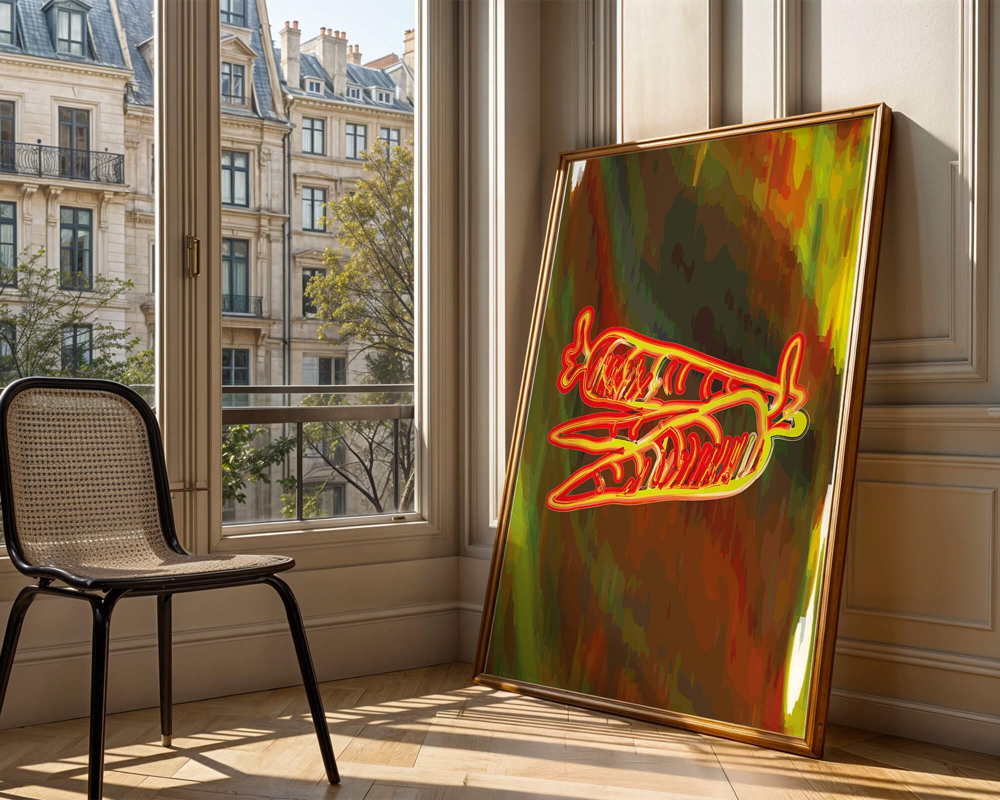 Abstract art featuring neon carrots on a colorful background