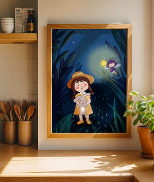 Ilustración de una chica en un bosque con una luciérnaga mágica por la noche