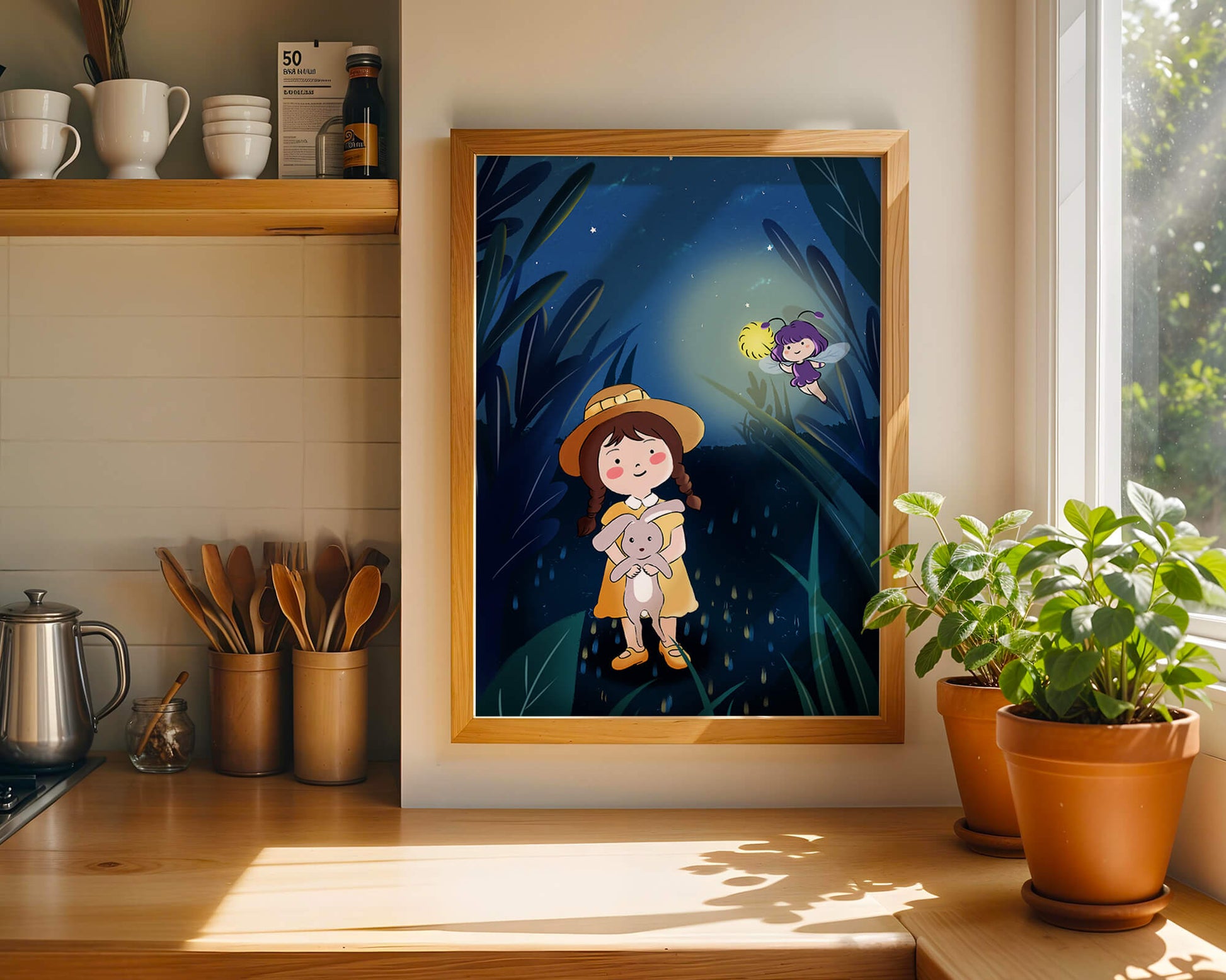 Ilustración de una chica en un bosque con una luciérnaga mágica por la noche
