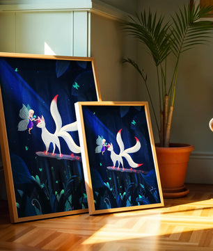 Enchanted forest with fairy and mystical creature under moonlit sky