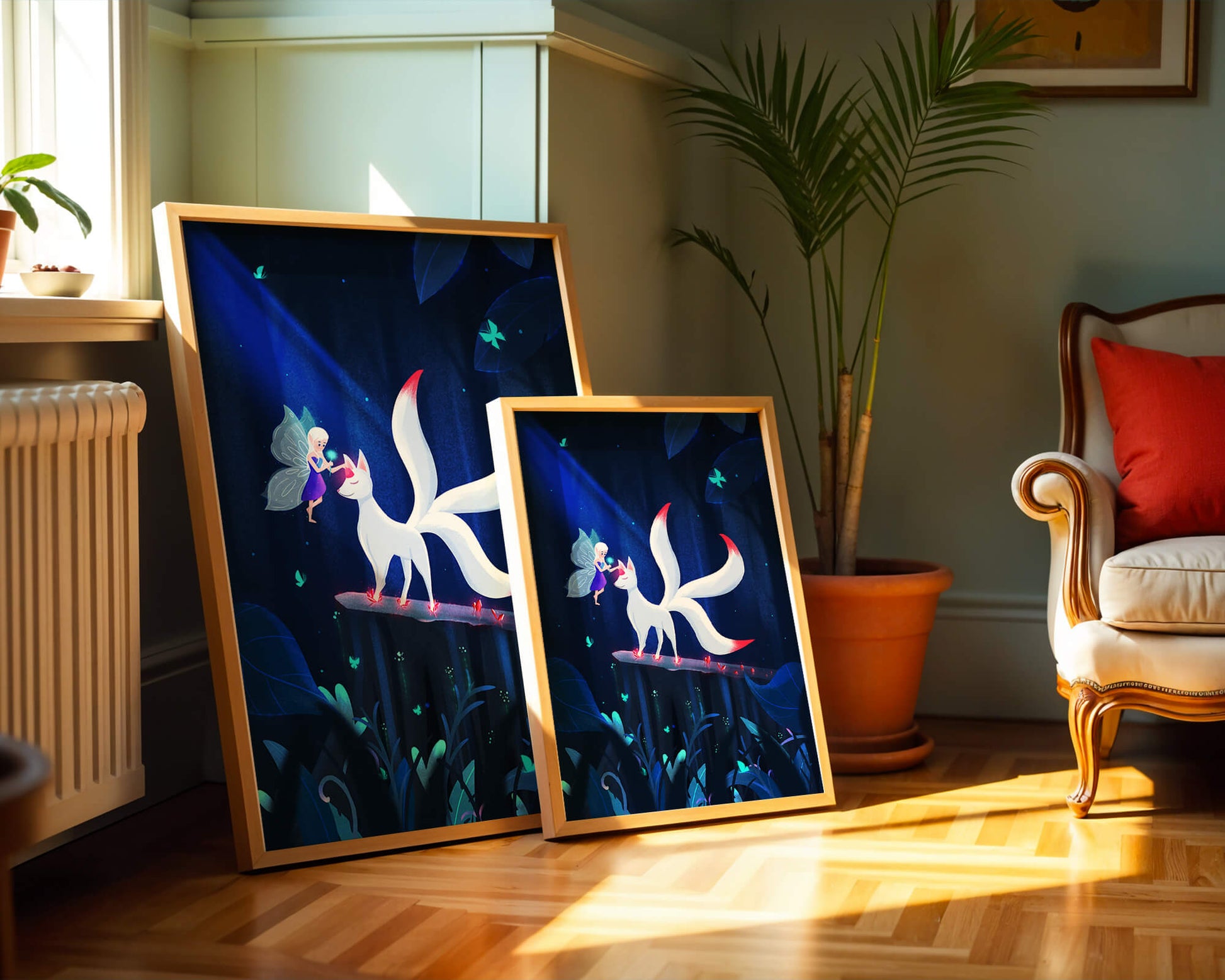 Enchanted forest with fairy and mystical creature under moonlit sky