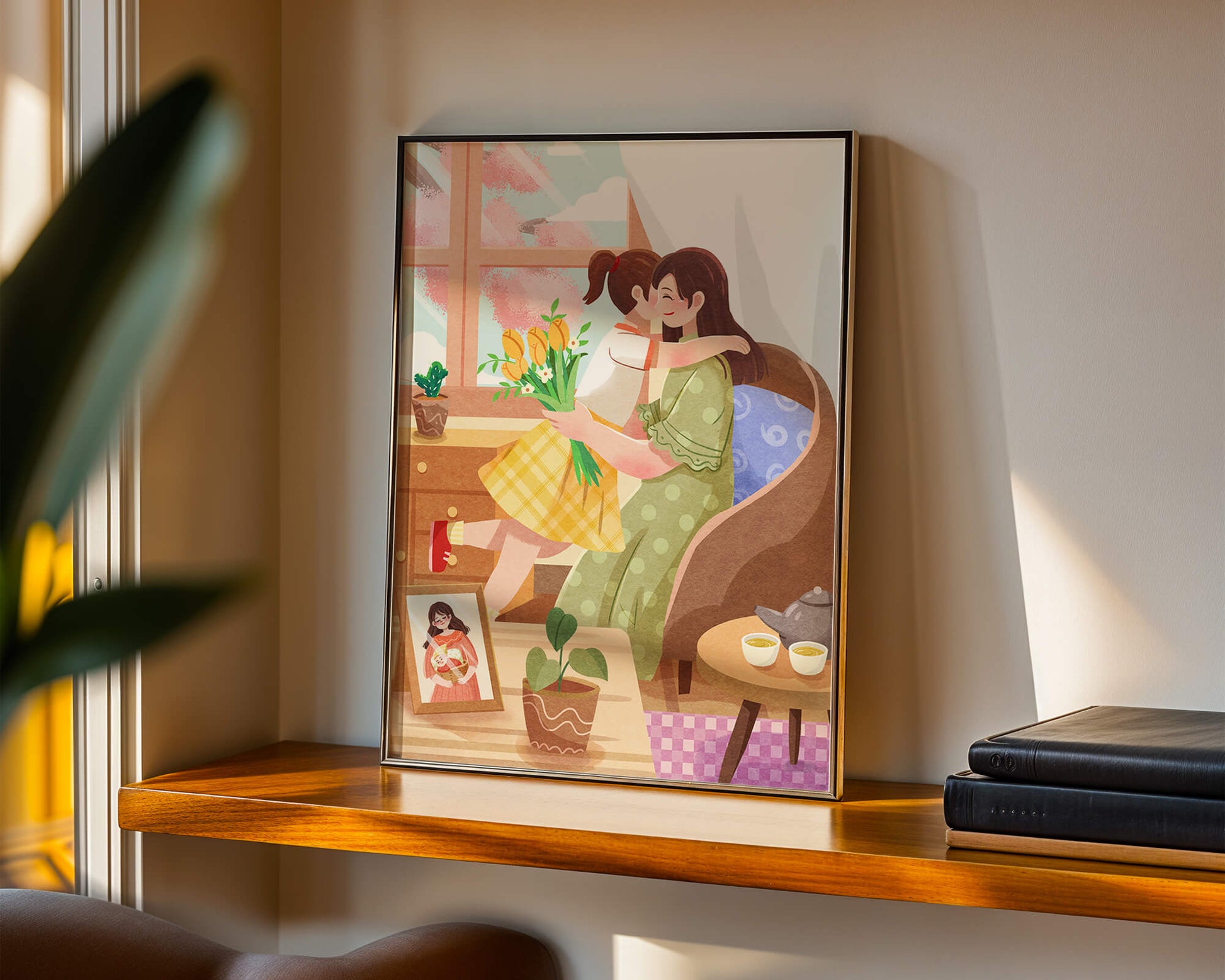 Cozy living room scene with mother and daughter hugging near window