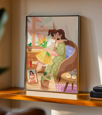 Cozy living room scene with mother and daughter hugging near window