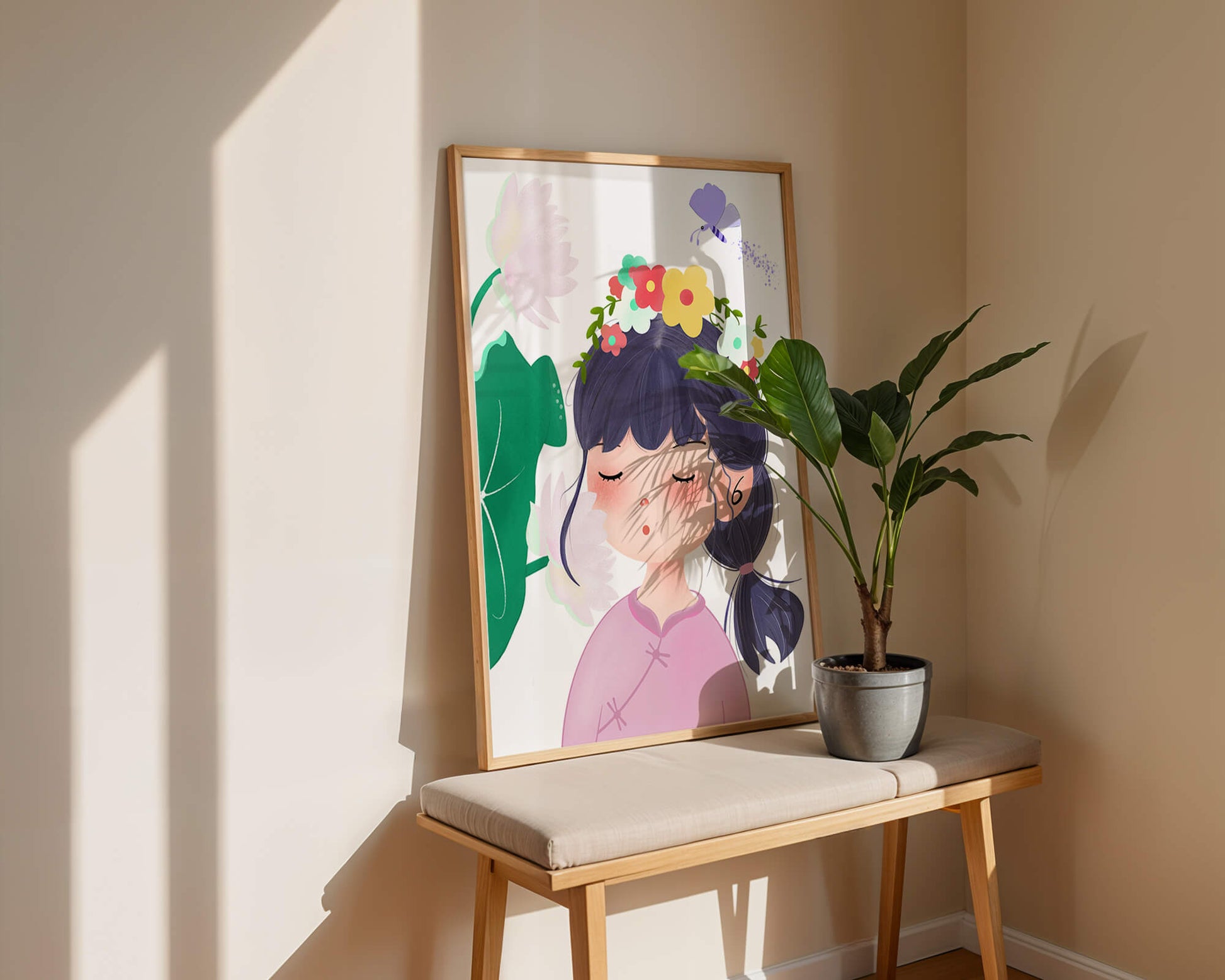 Whimsical illustration of a girl with a flower crown and butterfly