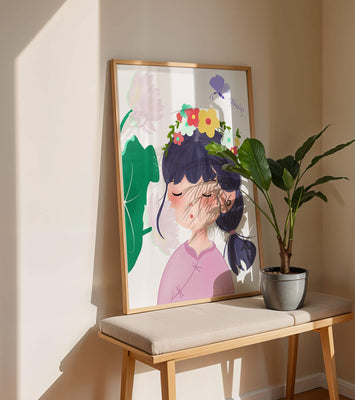 Whimsical illustration of a girl with a flower crown and butterfly