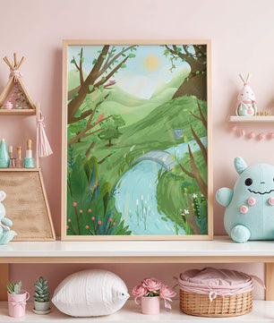 Serene Landscape with Birds and River under Sunny Sky