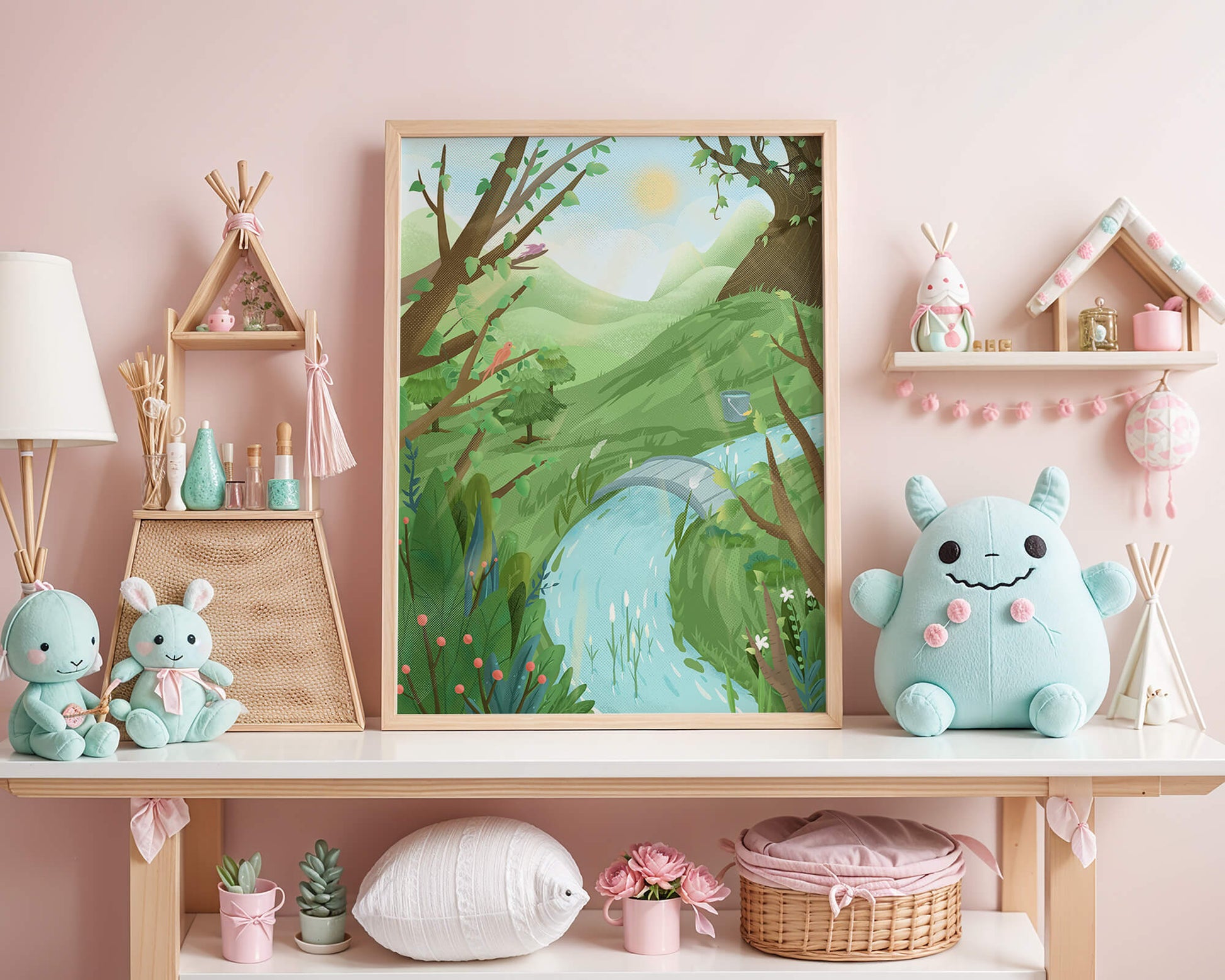 Paisaje sereno con aves y río bajo un cielo soleado