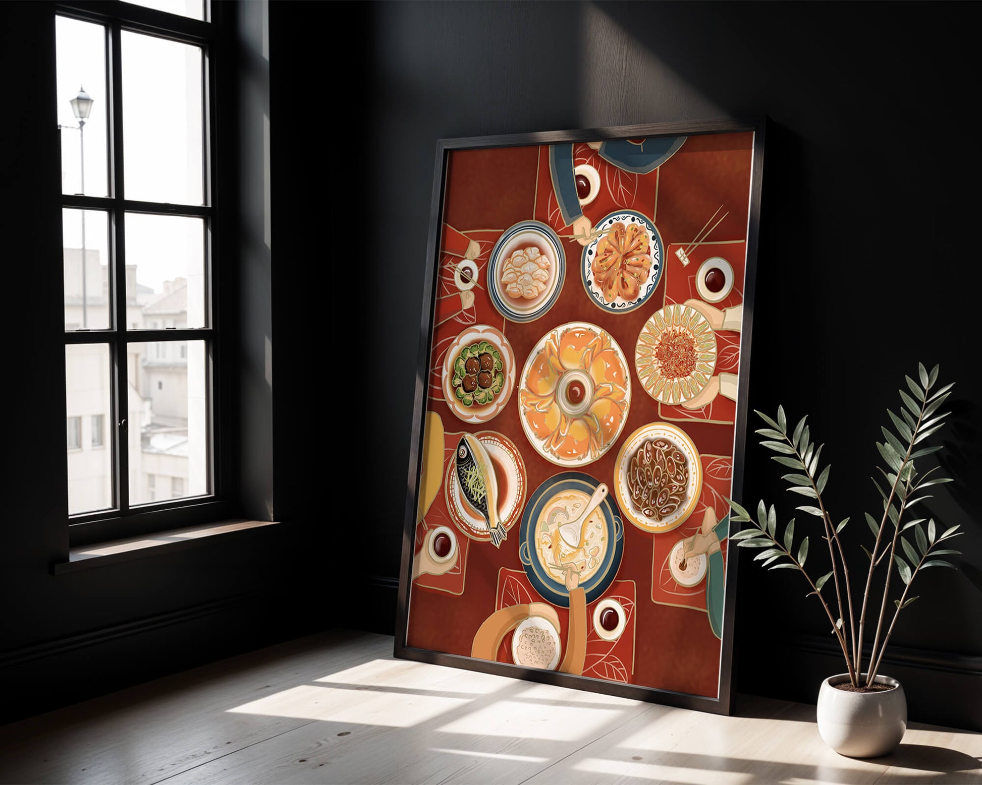 Colorful Chinese cuisine on a dining table with traditional dishes