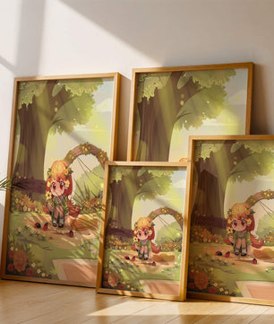 Charming anime-style scene with young girl, flowers, and nature background