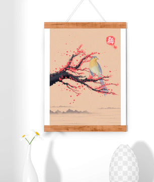 Oiseau serein sur une branche de cerisier dans le style artistique asiatique traditionnel