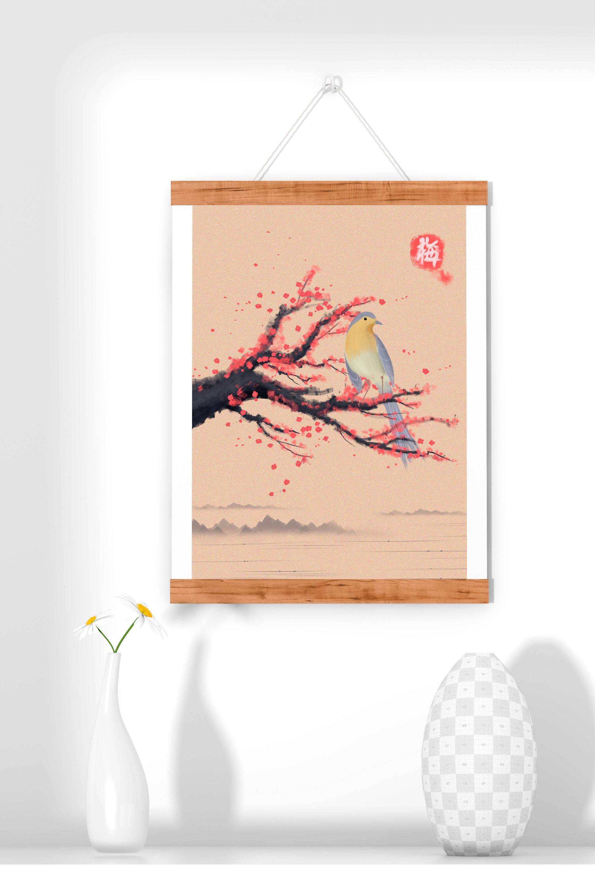 Serene bird on cherry blossom branch in traditional Asian art style
