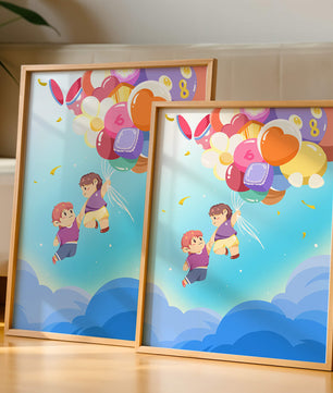 Ilustración caprichosa de niños en el cielo con globos de colores