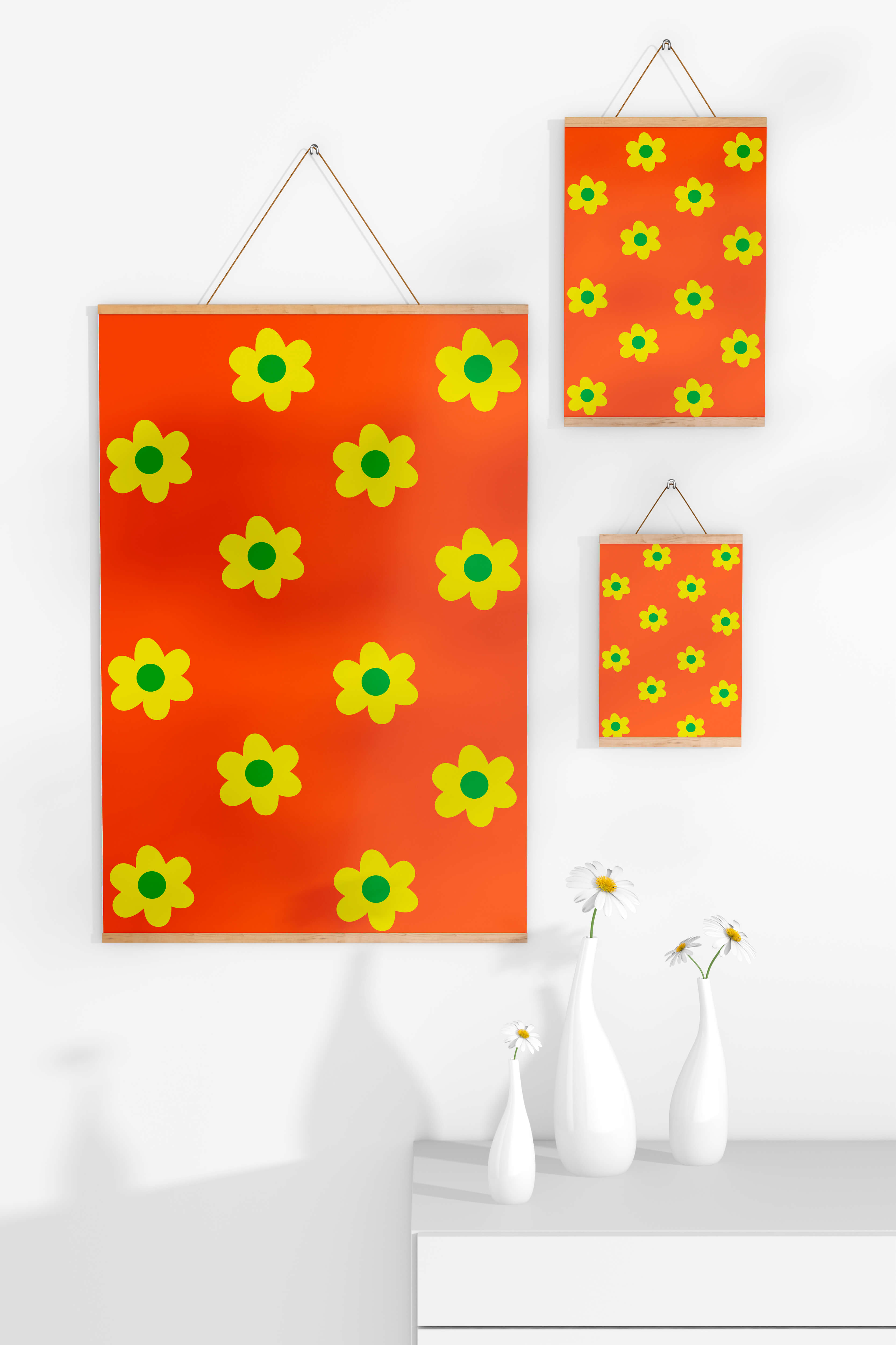 Colorful floral pattern with yellow flowers on orange background