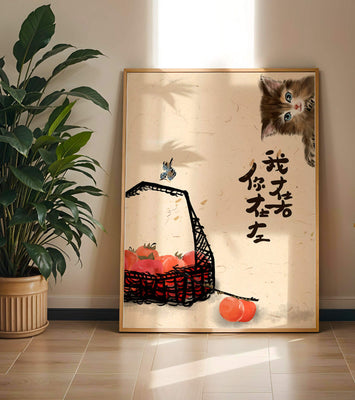 Peaceful illustration with kitten, bird, and basket of tomatoes in soft tones