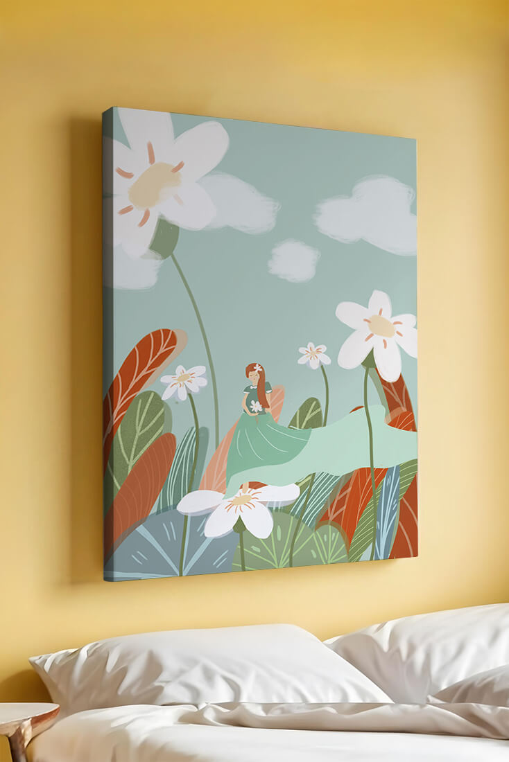 Whimsical garden scene with woman in a floral wonderland