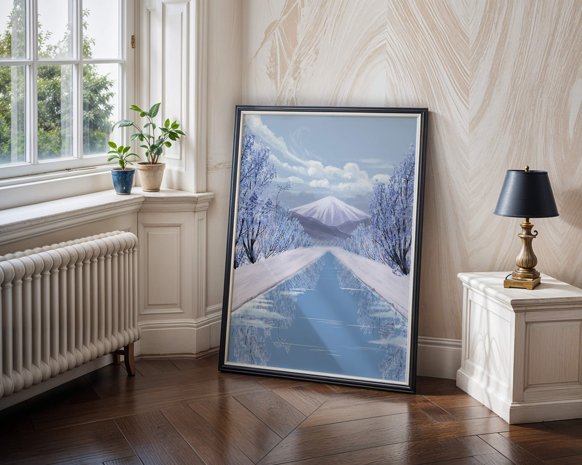 Serene winter landscape with mountain and snowy trees reflecting in water