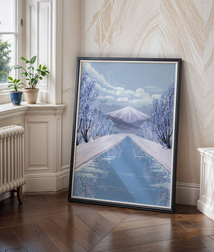 Serene winter landscape with mountain and snowy trees reflecting in water