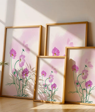 Ilustración digital de flores de cosmos rosadas sobre un fondo pastel suave