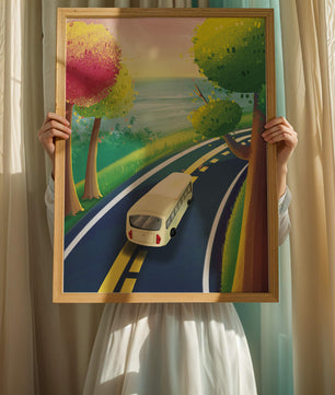 Scenic Road Trip with Vibrant Trees and Sunset