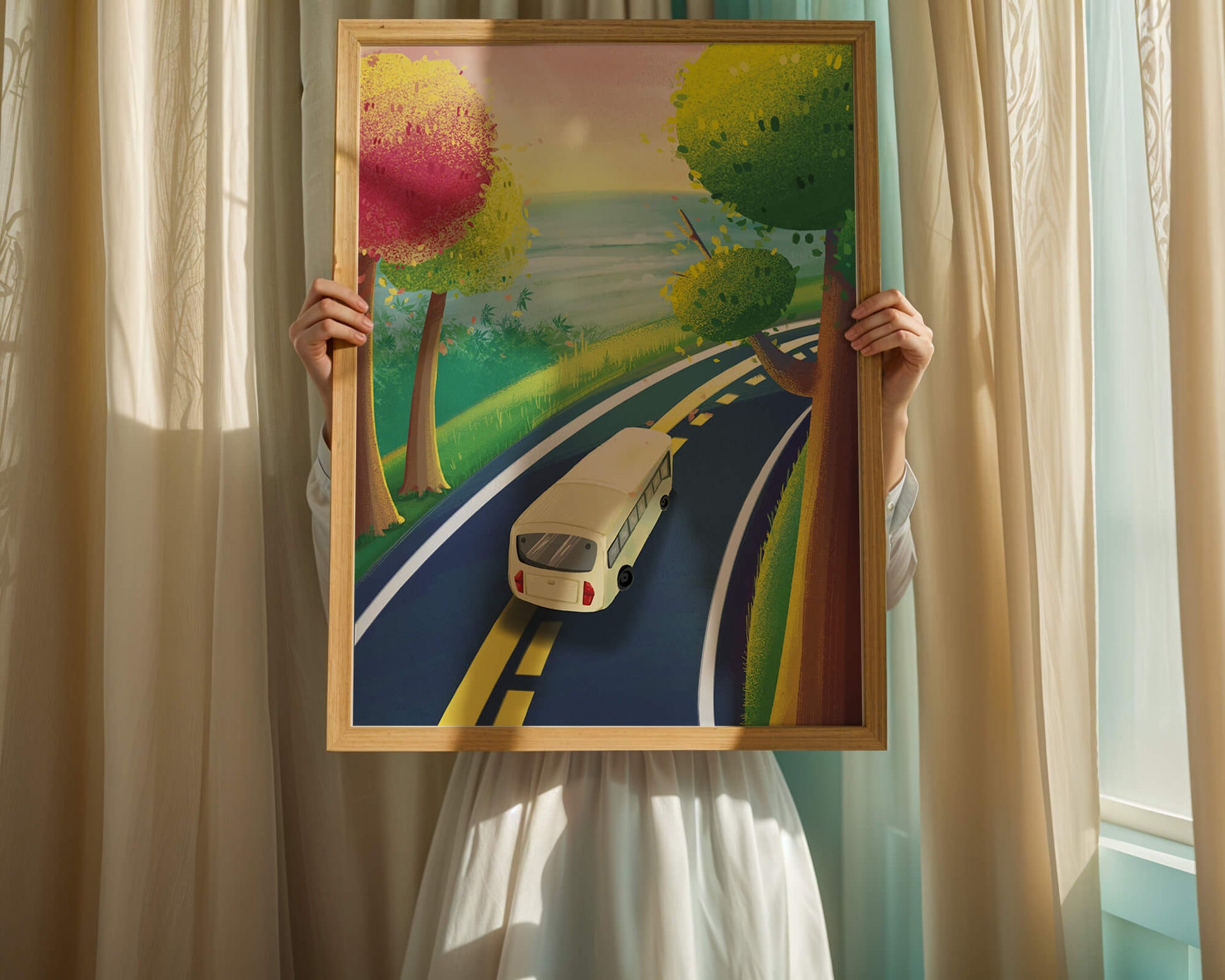 Scenic Road Trip with Vibrant Trees and Sunset