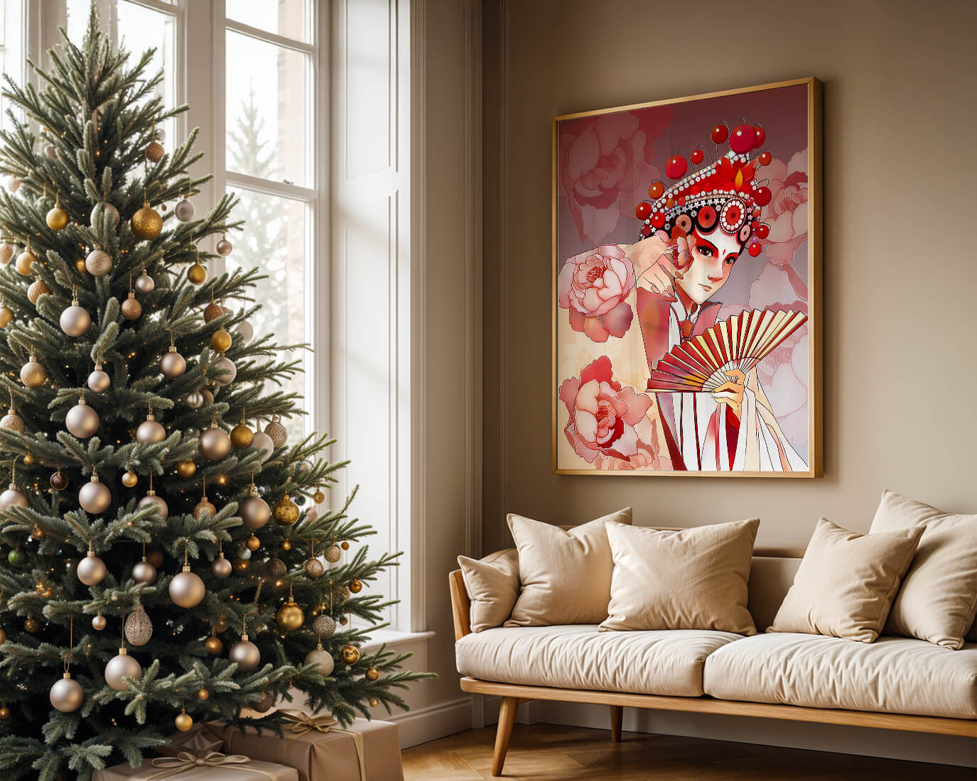 Traditional Asian artwork with floral motifs and ornate headpiece