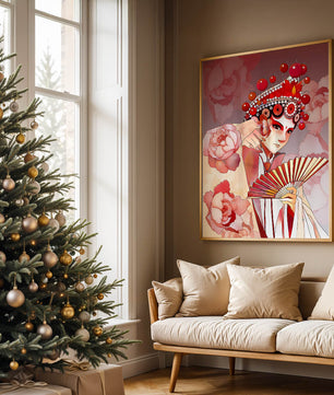 Traditional Asian artwork with floral motifs and ornate headpiece