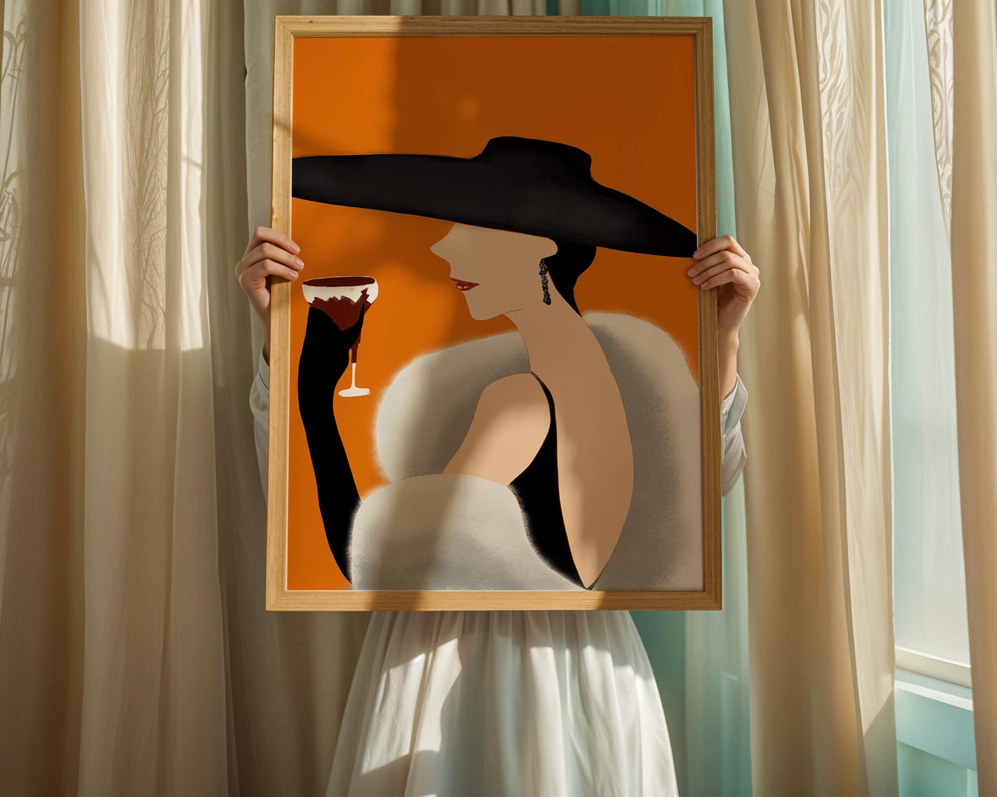 Elegant Woman in Black Hat and White Fur with Wine Glass