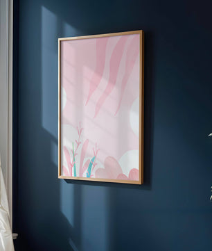 Diseño floral abstracto en rosa suave con hojas estilizadas y ondas