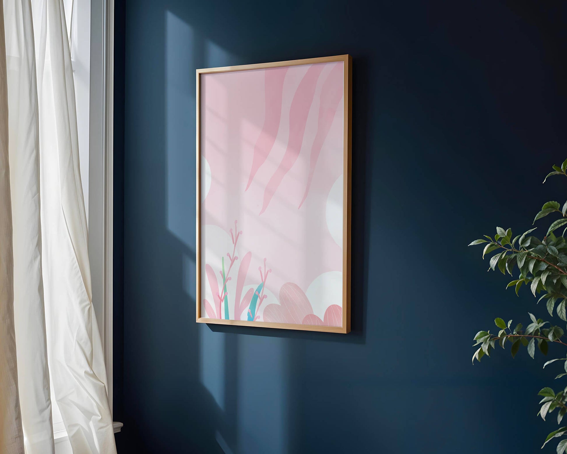 Soft Pink Abstract Floral Design with Stylized Leaves and Waves