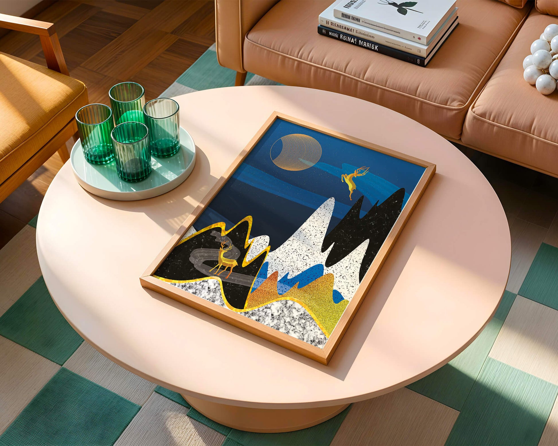Abstract Landscape with Golden Deer and Surreal Moon