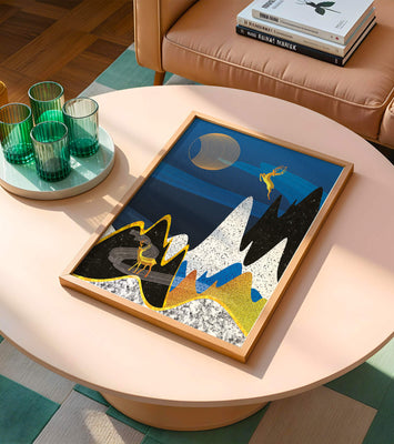 Abstract Landscape with Golden Deer and Surreal Moon
