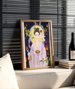 Mid-Autumn Festival Illustration with Moon Goddess and Rabbits