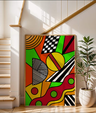 Vibrant geometric abstract artwork with bold colors and shapes