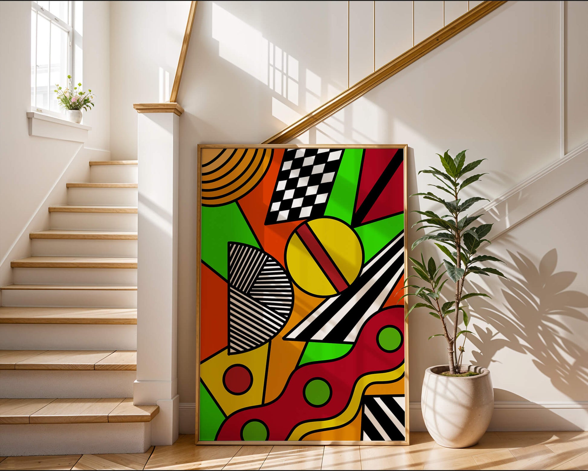 Vibrant geometric abstract artwork with bold colors and shapes