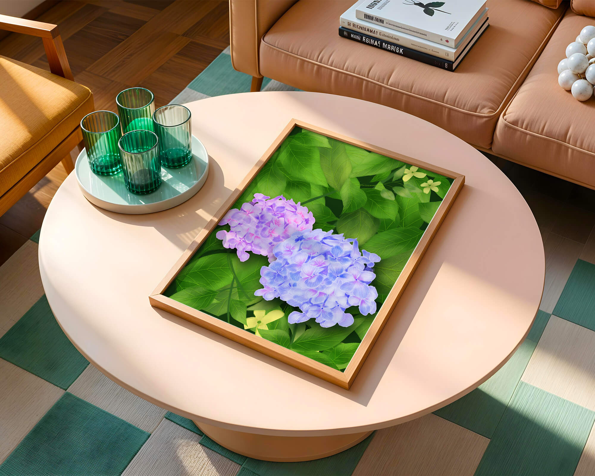 Delicate hydrangeas with lush green leaves in a vibrant botanical scene