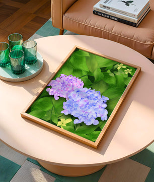 Delicate hydrangeas with lush green leaves in a vibrant botanical scene