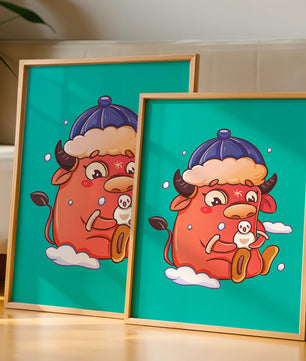 Winter cow cartoon with snowman on turquoise background