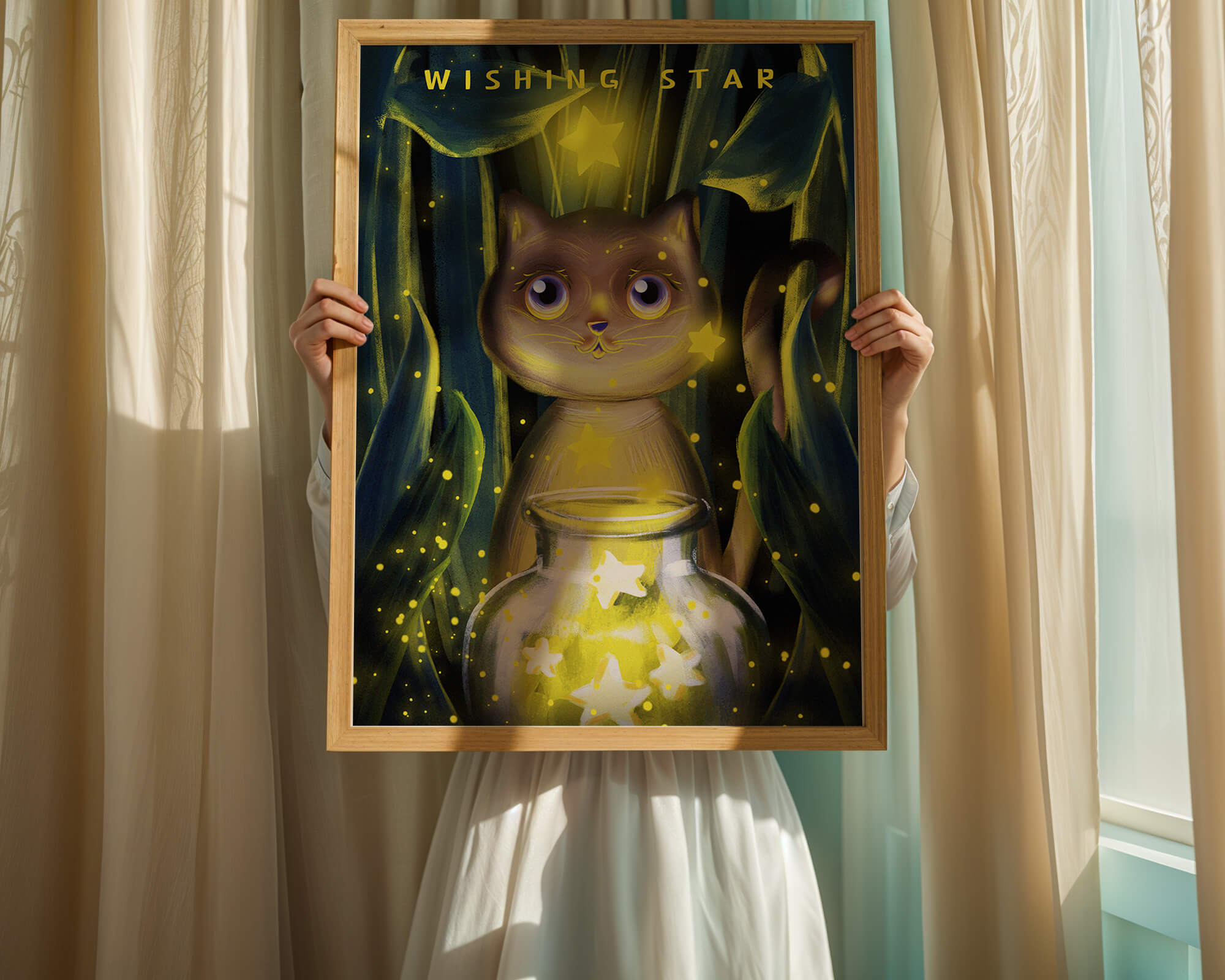 Cat under starry night in a magical forest setting