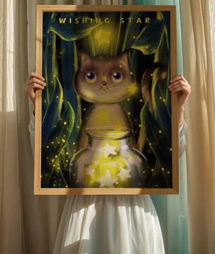 Cat under starry night in a magical forest setting