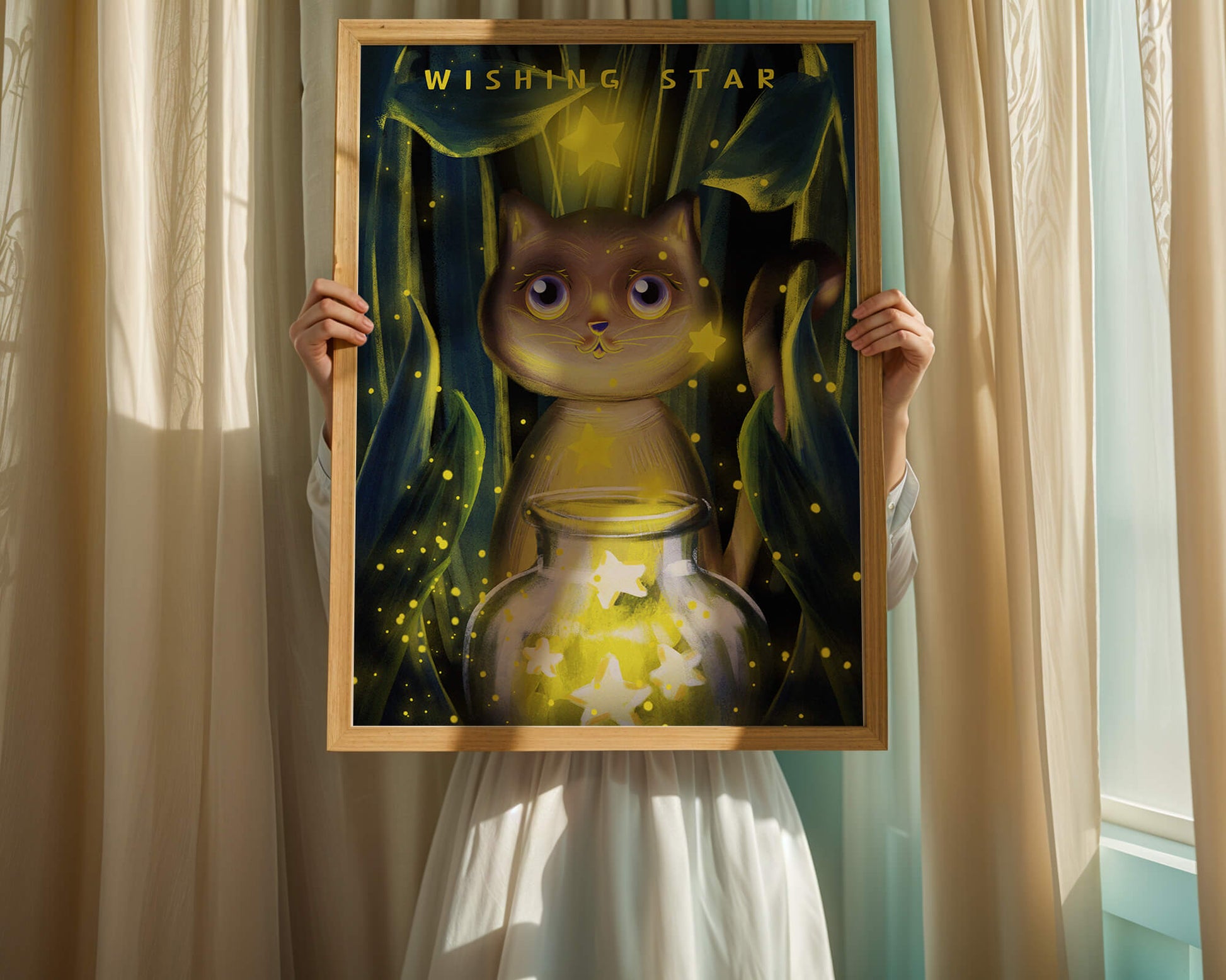 Cat under starry night in a magical forest setting