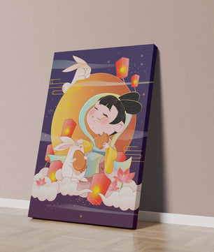 Illustration de déesse de la lune avec des lapins et des lanternes sur fond de mi-automne