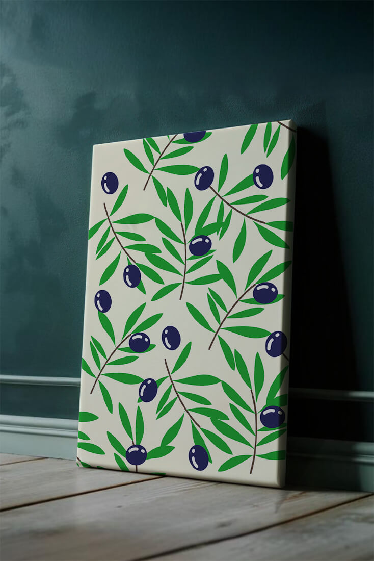 Olive branch pattern with green leaves and blue olives