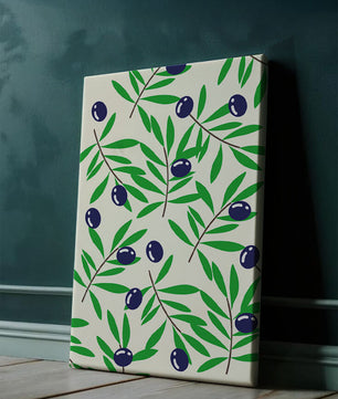 Olive branch pattern with green leaves and blue olives
