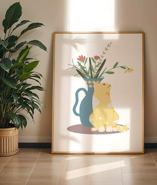 Ilustración de un gato sentado junto a un jarrón floral