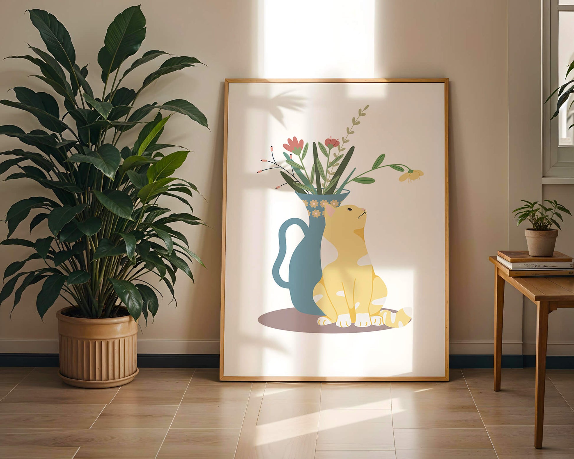 Illustration of a cat sitting beside a floral vase