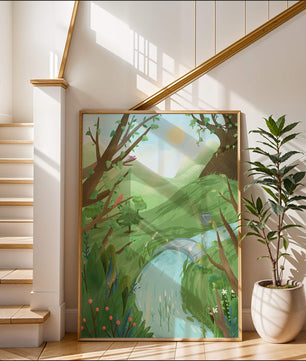 Serene Landscape with Birds and River under Sunny Sky
