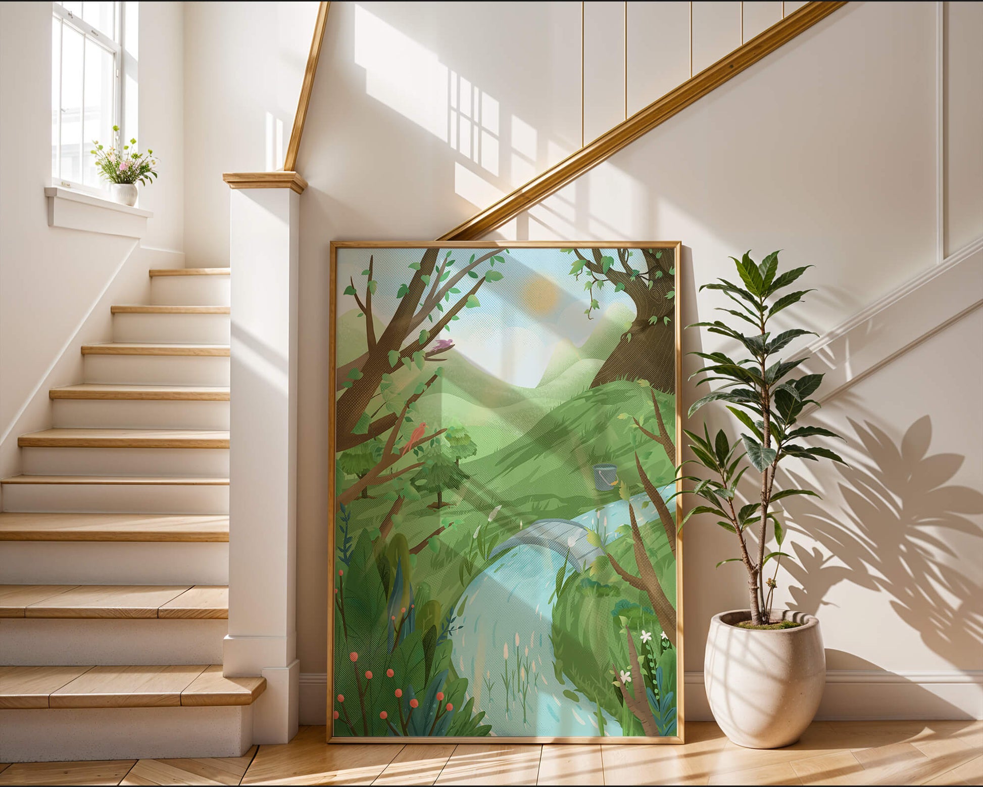 Paisaje sereno con aves y río bajo un cielo soleado