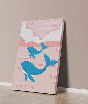 Playful whales illustration in pastel pink and blue