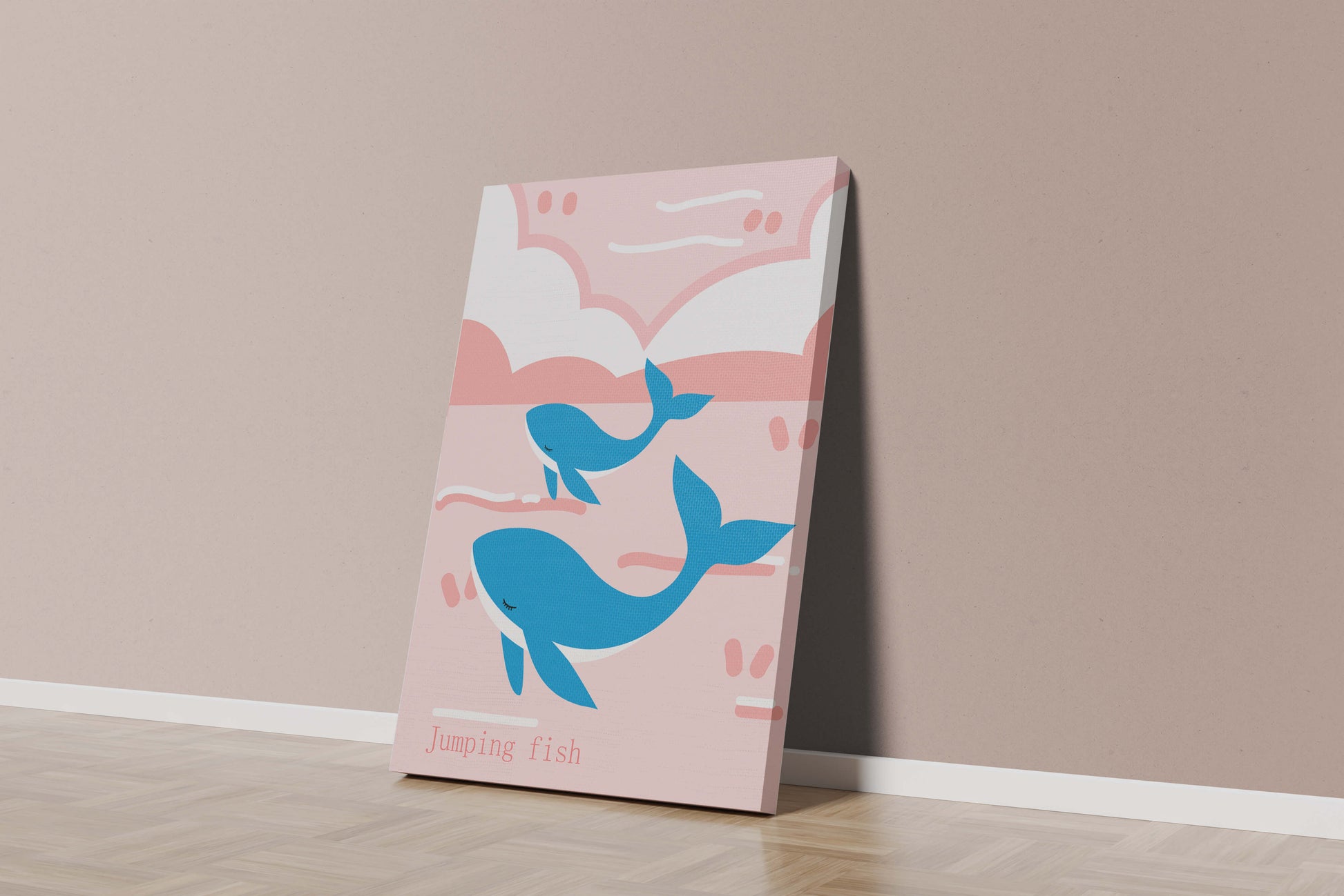 Playful whales illustration in pastel pink and blue